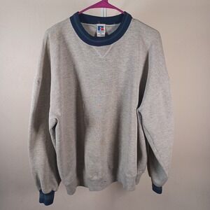 Russell Vintage Two Tone Blank Thrashed V Crewneck Contrast Gray Blue USA XXL